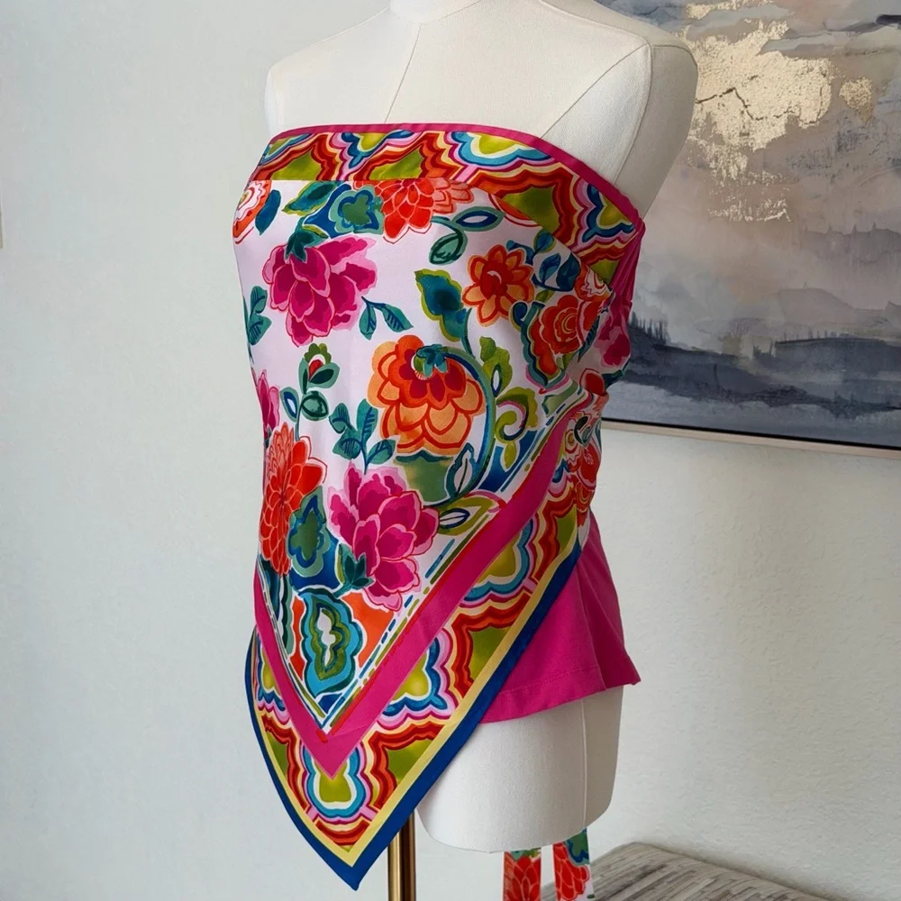 Caché Y2K Silk Scarf/Handkerchief Print Strapless Top Floral Bandana Hem - Picture 9 of 16
